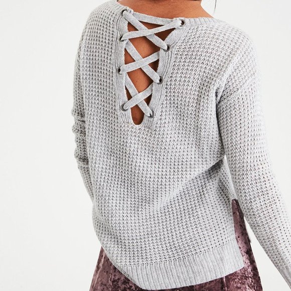 AE // Lace-Up Back Waffle Knit Sweater - Picture 1 of 5